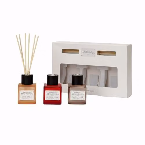 French Connection Square Range Scented Reed Diffuser Gift Set, 3 x 50ml - Apricot & Peach, Praline & Cream, Ruby Cherry & Merlot