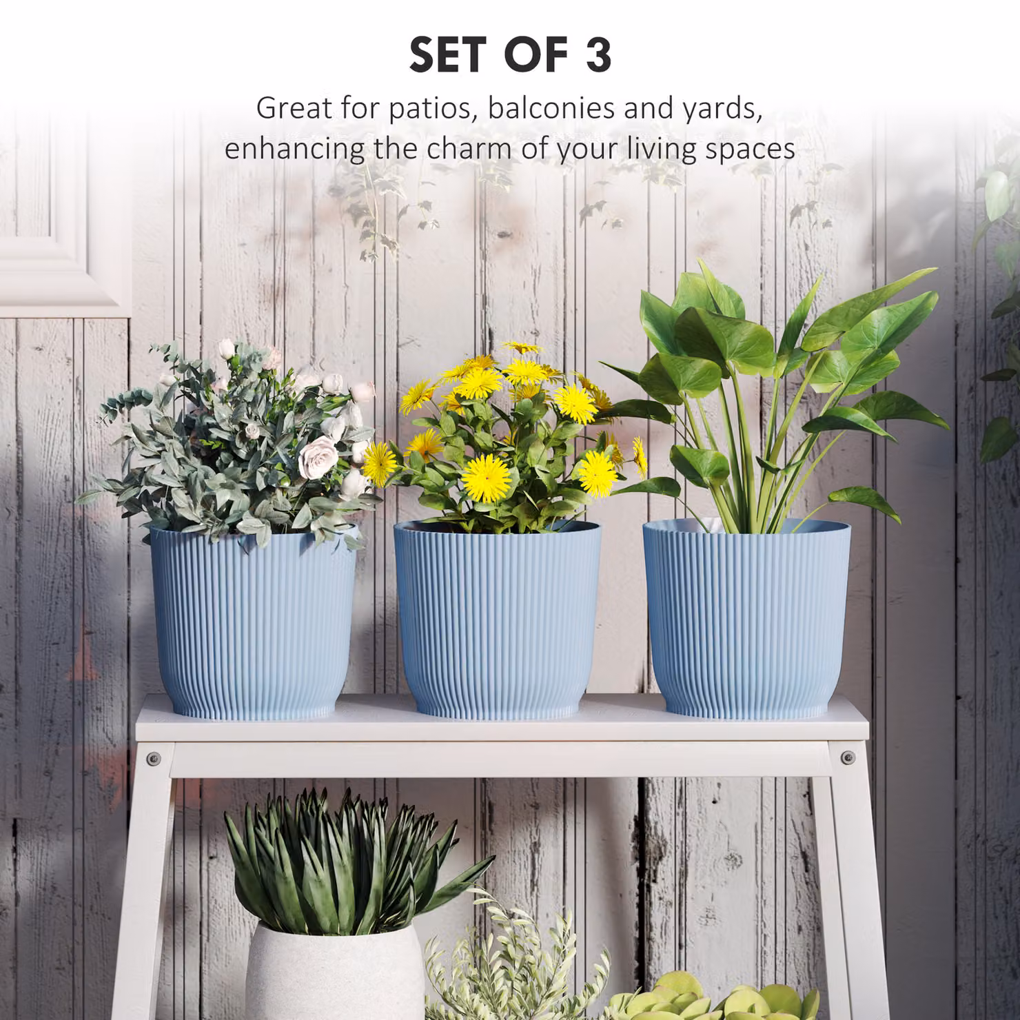 Outsunny Set of Three Blue Plastic Indoor Plant Pots, Diameter: 22 cm – 4
