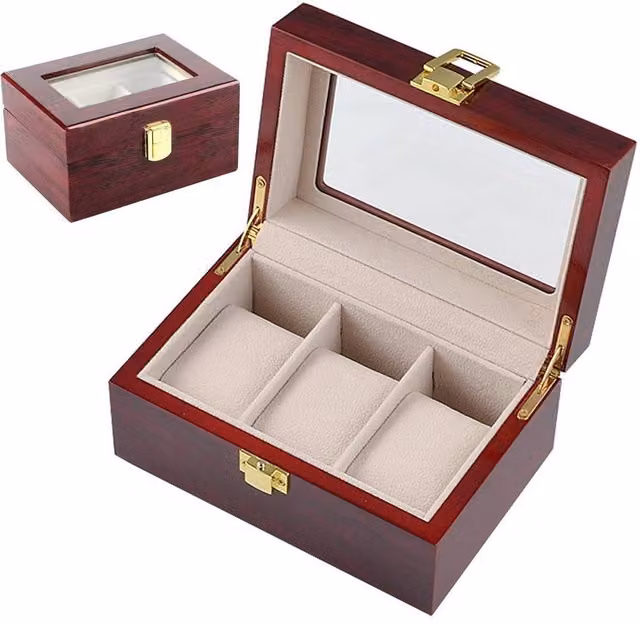 FORGEVIO Red Wood Watch Display Case and Jewelry Storage Box with Gold Accents, W: 50.0 cm x D: 16.5 cm x H: 8.0 cm – 1