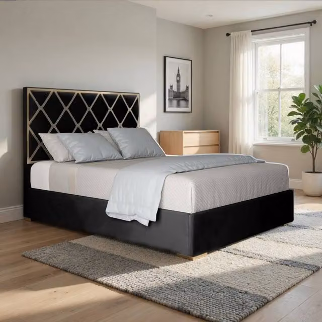 KDMD Trentham Upholstered Velvet Designer Bed Frame with Metal Accents, W/D/H: 90 x 190 x 127 cm