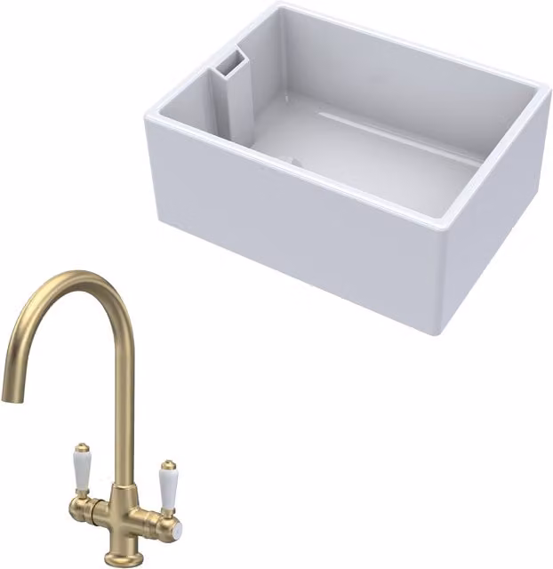 Balterley White Ceramic Fireclay Kitchen Bundle with 1 Bowl Belfast Sink and Brushed Brass Countertop, Width: 61.5 cm