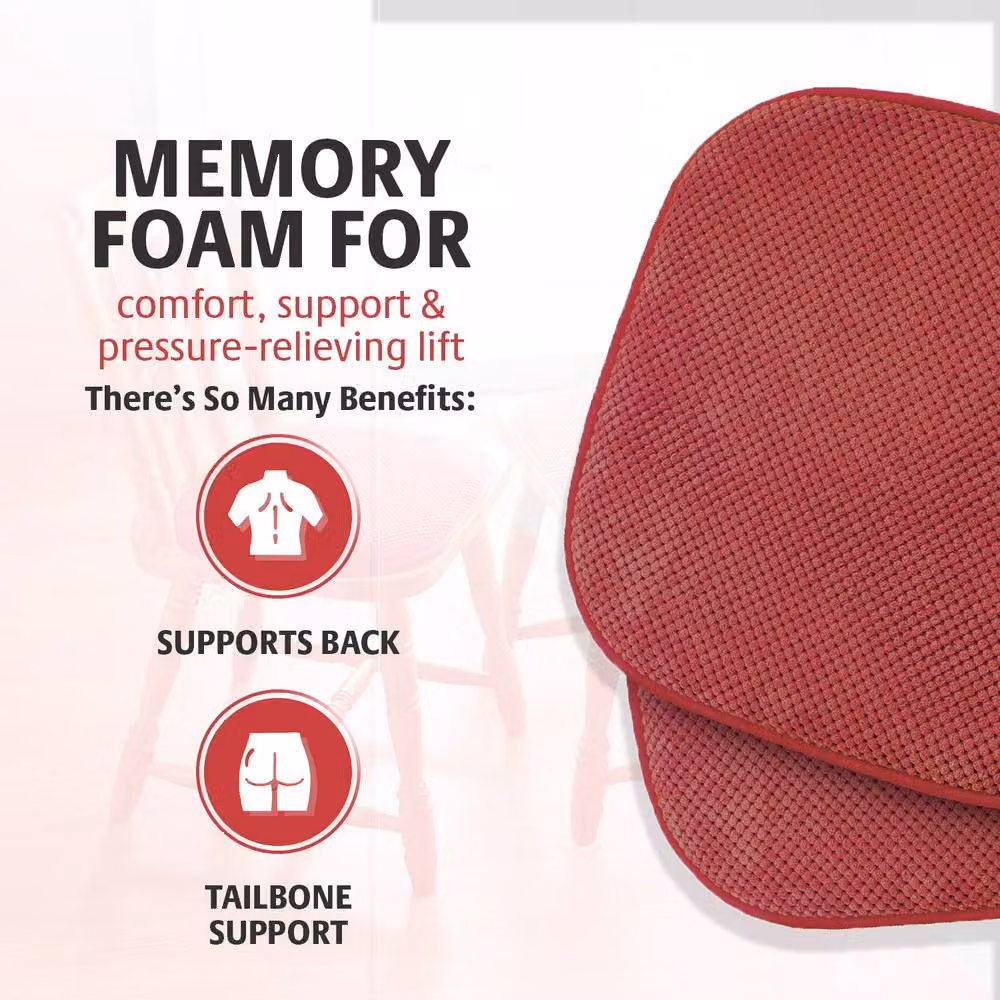 Coopers of Stortford Pack of 2 Memory Foam Chenille Dining Chair Seat Pads with Non-Slip Backing, Red, W/D/H: 40 x 40 x 4 cm – 2