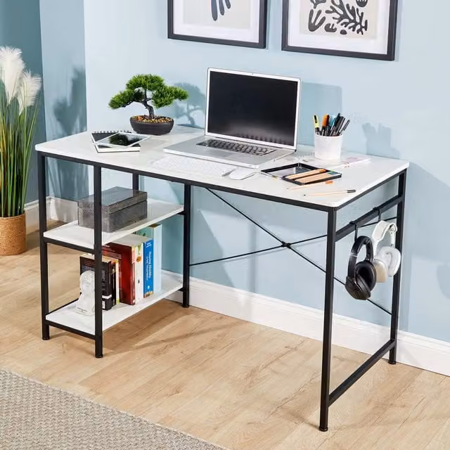 Home Source Stanton Computer Desk with Adjustable Shelves and Storage Hook in White