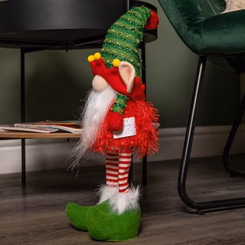 Samuel ALEXANDER Battery Operated Light Up Standing Christmas Elf Gonk with Warm White LEDs, Height: 46 cm, Red and Green Striped Textile – 3