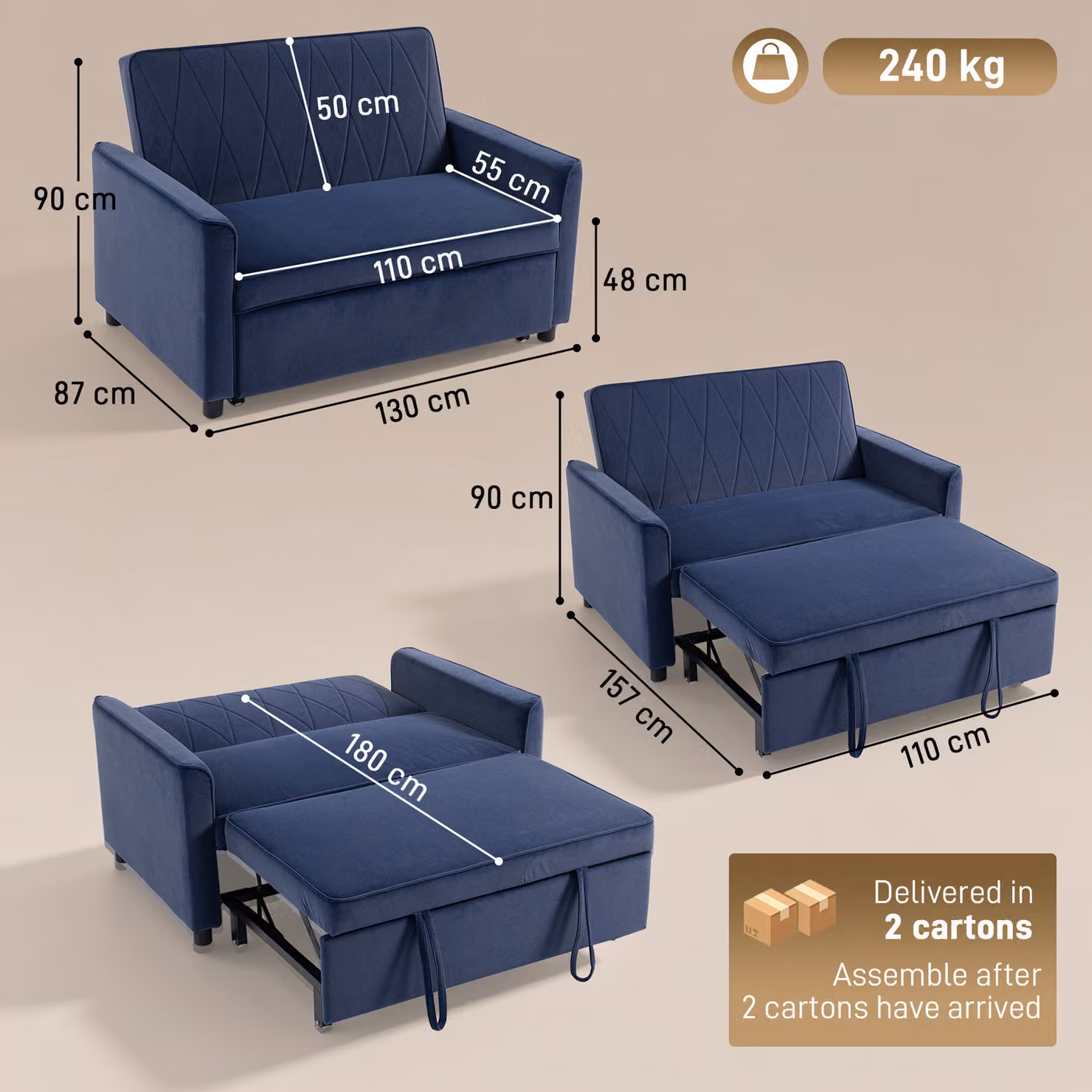 HOMCOM 2 Seater Convertible Sofa Bed with Click-Clack Adjustable Backrest, Blue Velvet Upholstery – 3