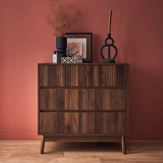 sweeek 3-Drawer Chest with Grooved Wooden Detail in Dark Brown