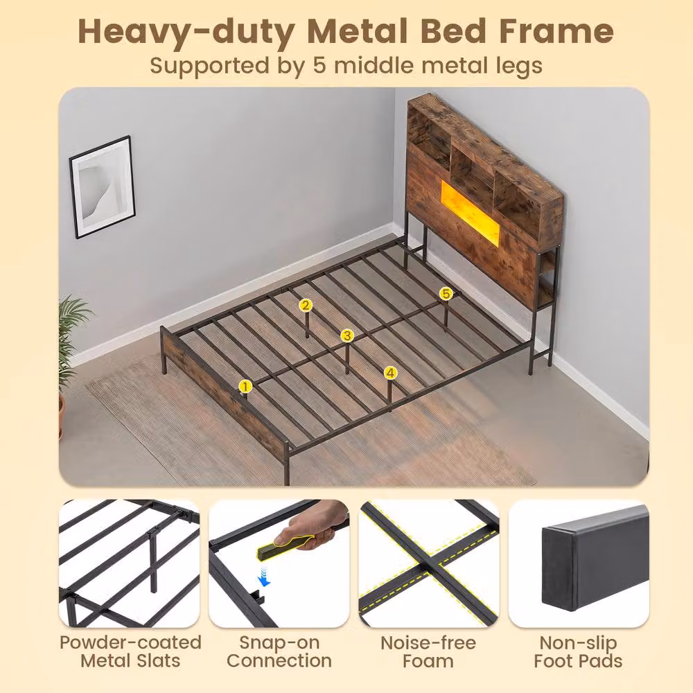 Gymax King Size Industrial Metal Bed Frame in Brown with LED Under-Bed Lighting, USB Charging Port and Side Compartments, W: 180 cm x D: 200 cm – 5