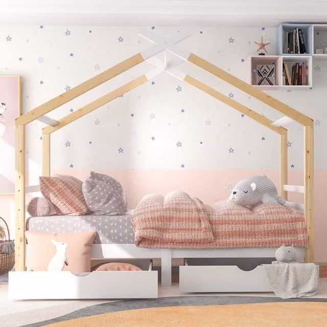 Aosom UK Tree House Canopy Bed with Underbed Storage Drawers in Natural Solid Pine Wood for Children, W/D/H: 200 x 96 x 183 cm – 1