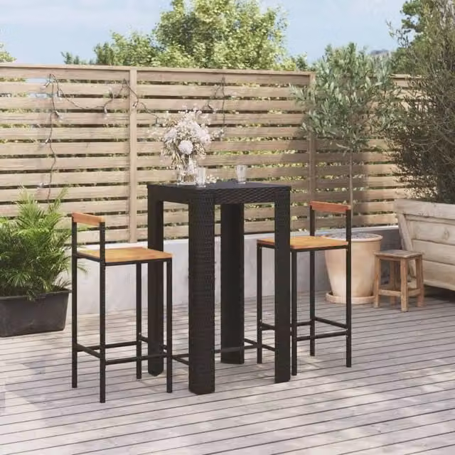 Berkfield Home 3 Piece Garden Bar Set in Black Poly Rattan and Solid Acacia Wood
