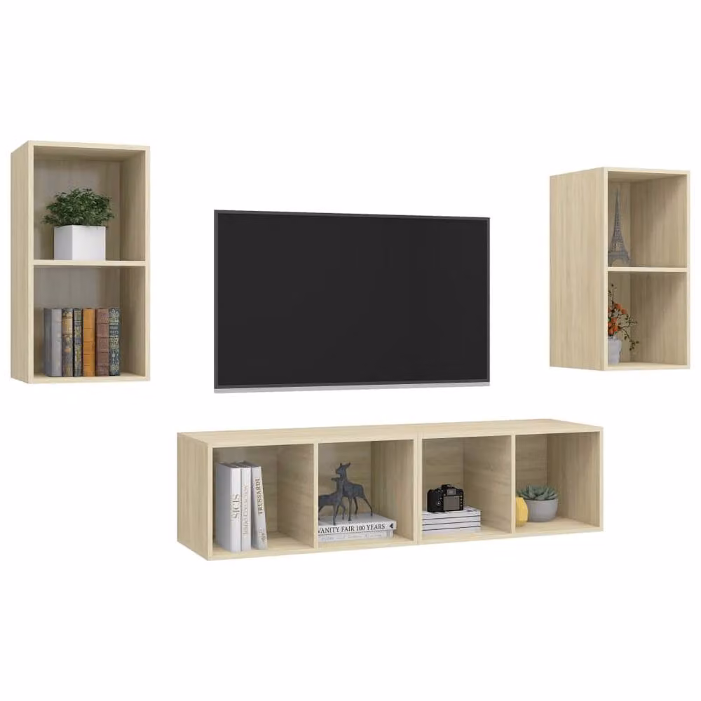 Berkfield Home Set of 4 Wall-mounted TV Cabinets in Sonoma Oak Light Oak Finish – 3