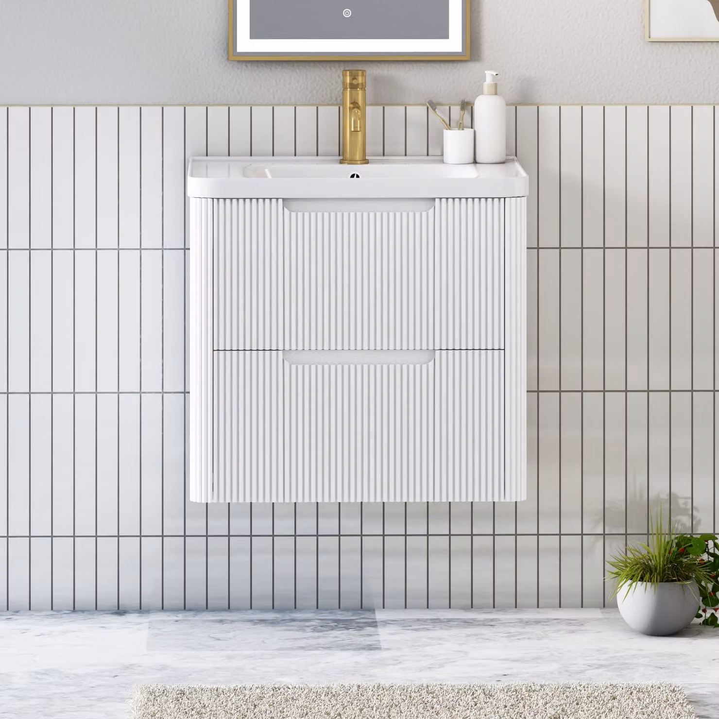 Royal Bathrooms Avenza Matt White Wall Hung Vanity Unit with 2 Drawers and Ceramic Basin, Width: 60 cm