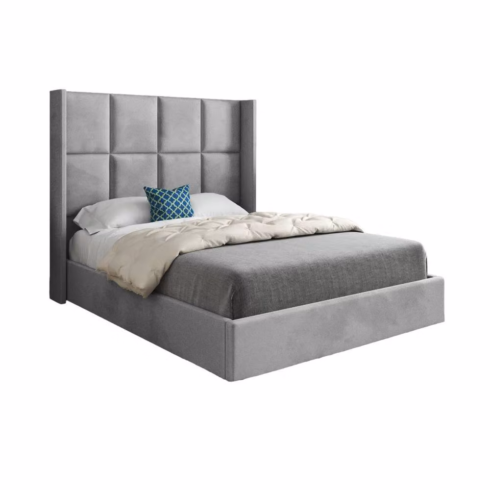 KDMD Stafford Winged Upholstered Designer Bed Frame in Grey Soft Velvet, Size: Single, W/D/H: 90 x 190 cm – 2