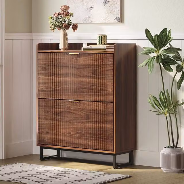 KORVIXA Slim Fluted Wooden Tilt-out Shoe Cabinet in Walnut