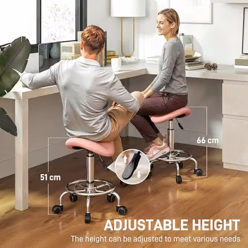 HOMCOM Pink PU Leather Adjustable Rolling Saddle Stool for Spa and Salon – 3