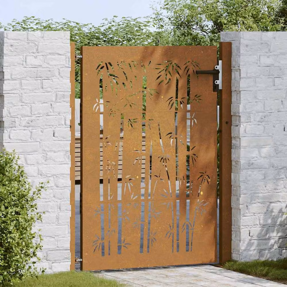 Berkfield Home Garden Gate in Brown Corten Steel with Bamboo Design, W: 105 cm, H: 155 cm – 3