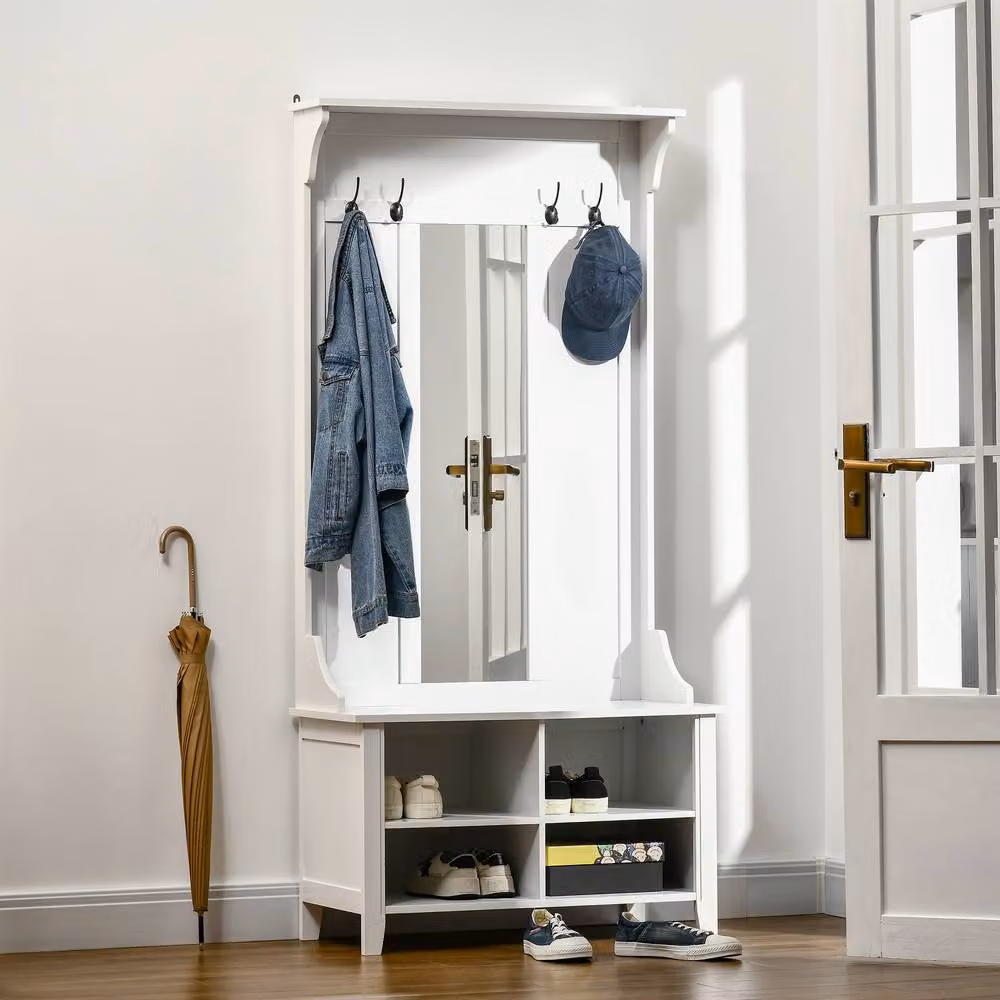 HOMCOM Modern Hallway Furniture Set with Shoe Bench, Mirror Cabinet and Coat Rack in White – 2