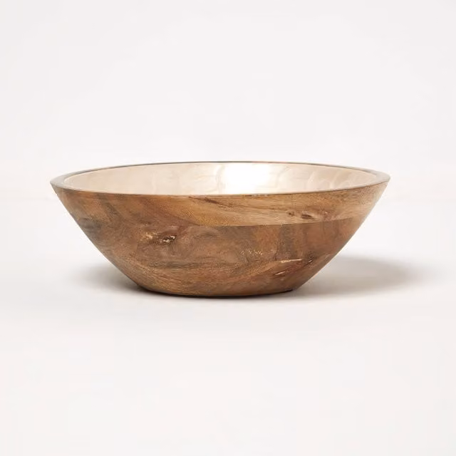 Homescapes Capiz Style Mango Wood Enamel Bowl in Yellow and Brown, Diameter: 25 cm