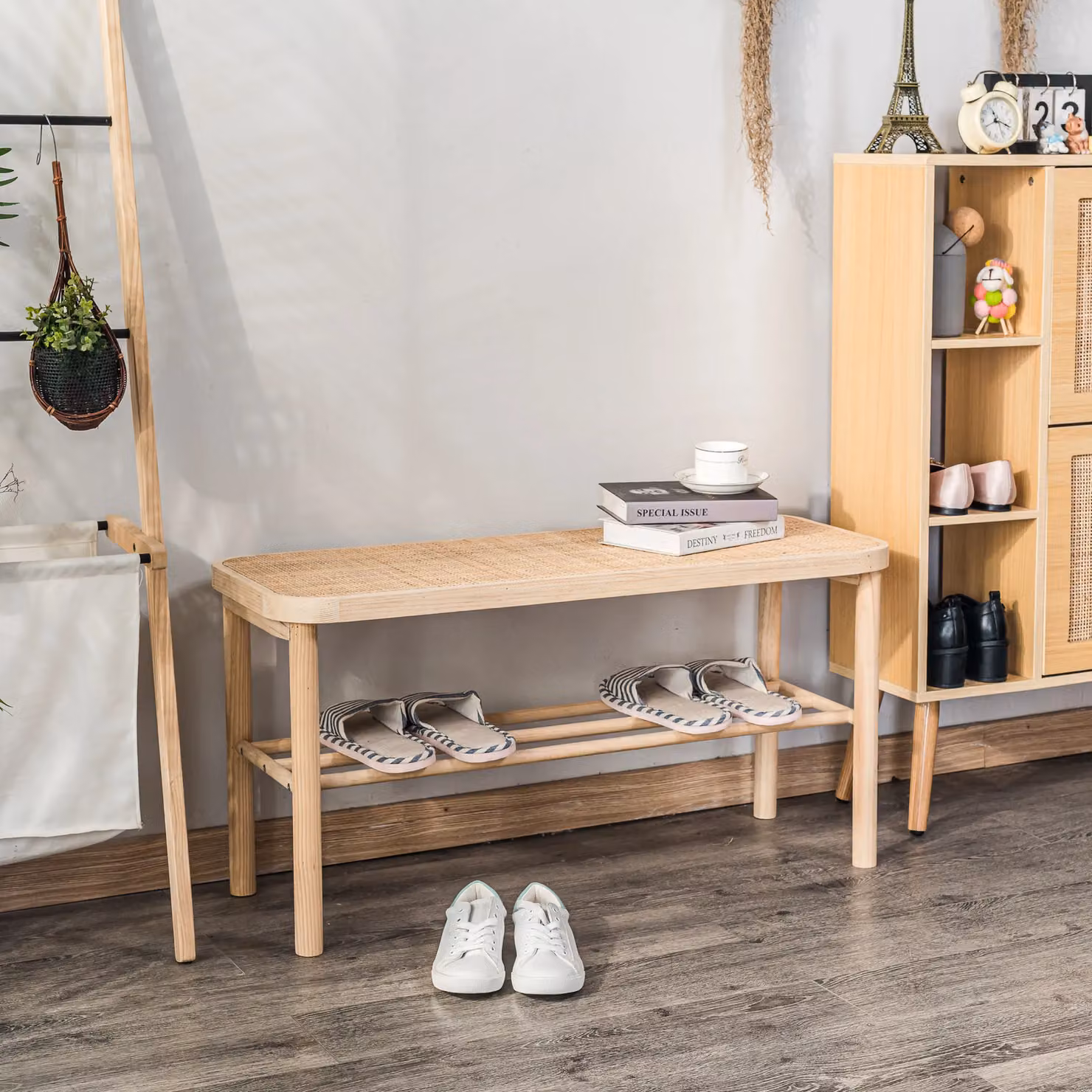 ASUGI Nordlys Scandinavian Wooden Shoe Rack and Entryway Bench in Brown – 2