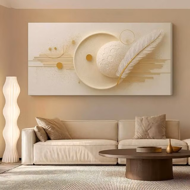 Mafett Premium Large Canvas Contemporary Moon Feather Wall Art in Beige and Gold, W: 150 cm, H: 80 cm
