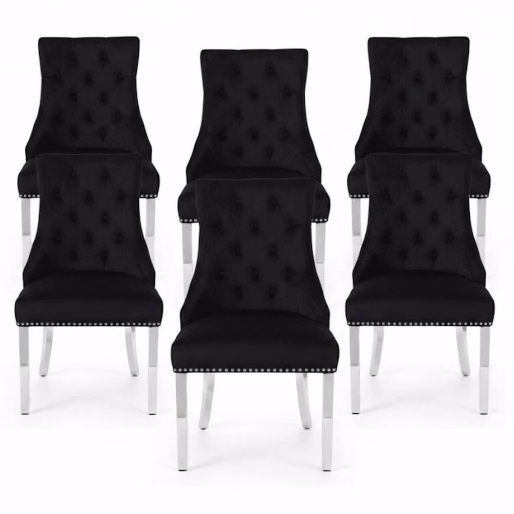 Home Luxe Interior Set of 6 Minister Black Brushed Velvet Lion Knocker Dining Chairs with Pearl Details – 3