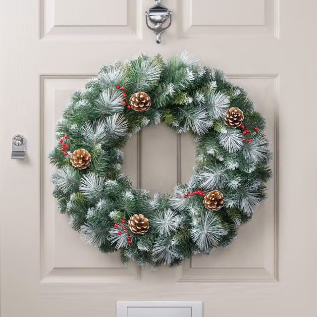 Christow Christmas Wreath with Frosted Pine Cones and Berries in Green, Diameter: 60 cm