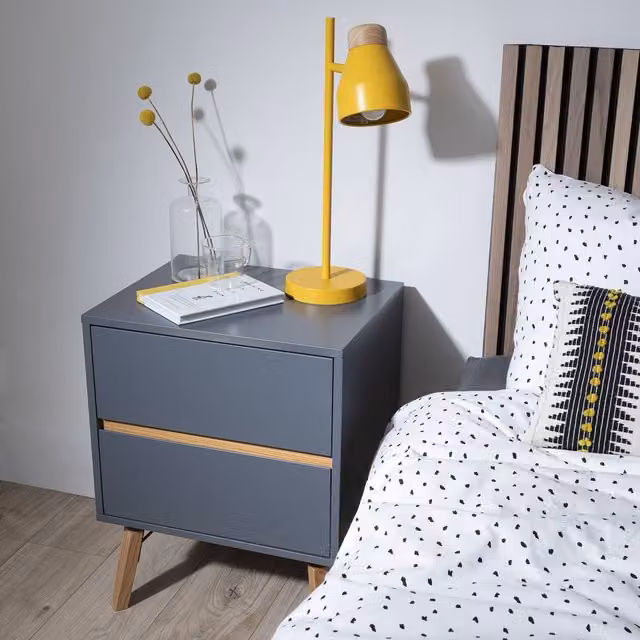 Otto Mid-Century 2 Drawer Pine Bedside Table in Grey