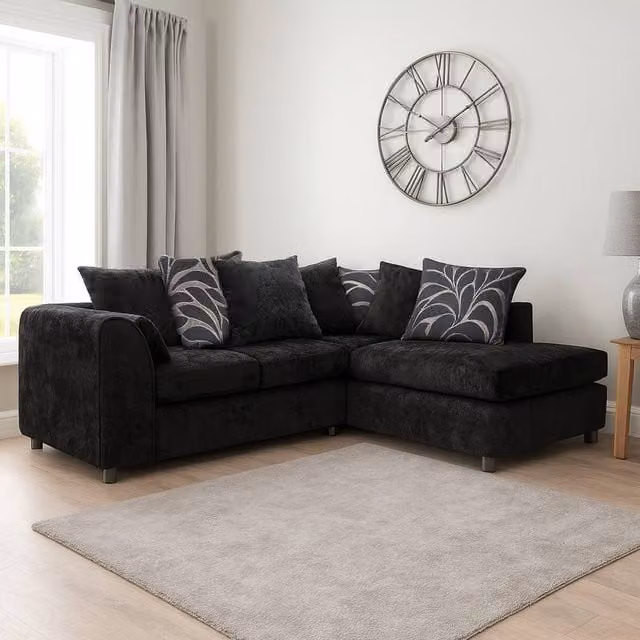 Furnishings For Less UK Zina 3-4 Seater L-Shaped Corner Sofa, Right Hand Facing, Black Chenille Fabric – 1
