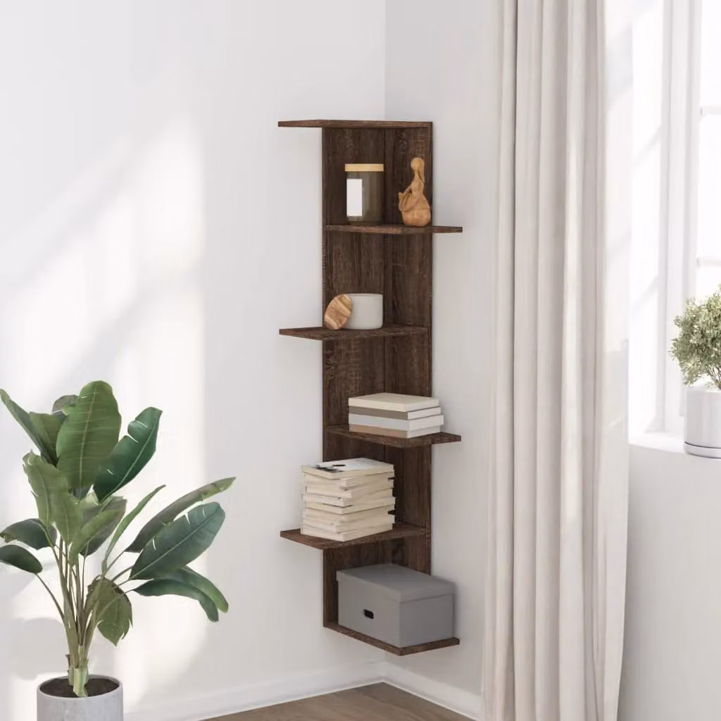 Berkfield Home Modern Wall Mounted Corner Shelf in Brown Oak, W/D/H: 36.5 x 36.5 x 140 cm – 3