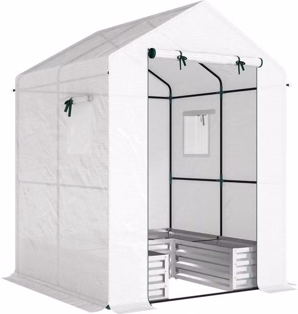 Outsunny Mini Walk-in Greenhouse with Raised Garden Bed and Roll Up Windows, White, W/D/H: 142.24 x 142.24 x 190.5 cm