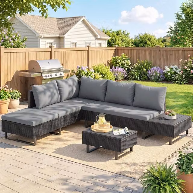Outsunny 5 Seater L-Shape Rattan Garden Furniture Set with Upholstered Cushions in Grey