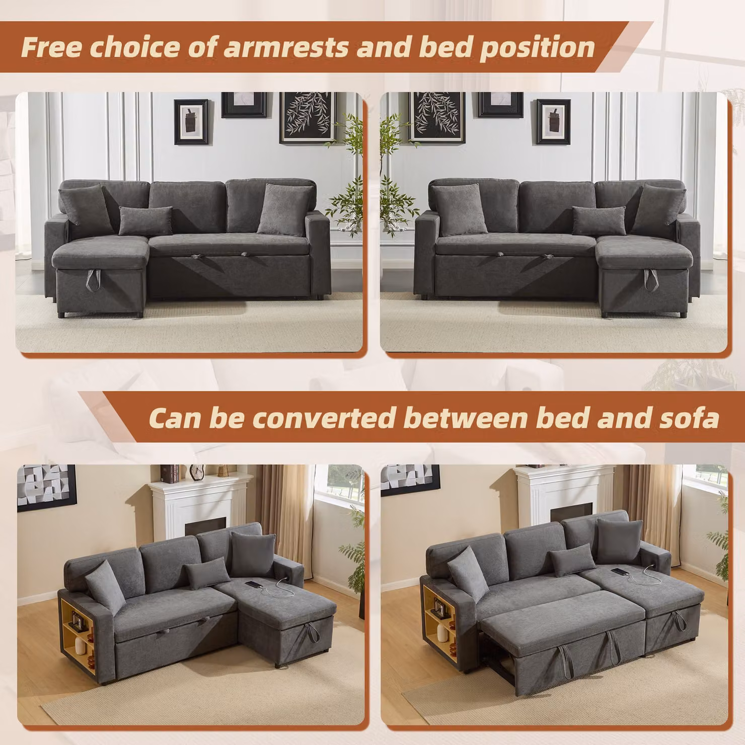 Aosom UK L-Shaped Corner Sofa Bed in Dark Grey Oxford Fabric with Extendable Bed Box, Integrated Shelf and USB Port, W/D/H: 131 x 214 x 87 cm – 4