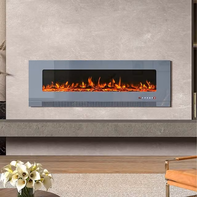 Livingandhome Grey Wall-Mounted Recessed Electric Glass Fireplace with Stand, 152.4 cm