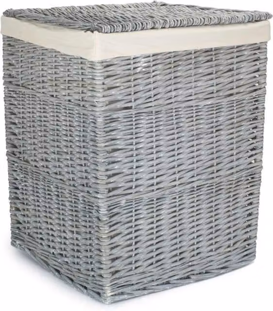 Red Hamper Grey Wash Square Wicker Laundry Basket with White Cotton Removable Lining and Handles, W/D/H: 61 x 46 x 46 cm