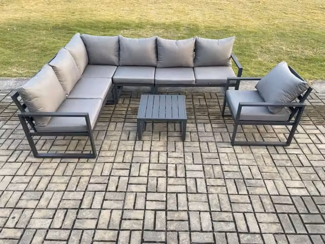 Fimous 7 Seater Aluminium Garden Furniture Set with L-Shape Corner Sofa, Chairs and Square Coffee Table in Dark Grey