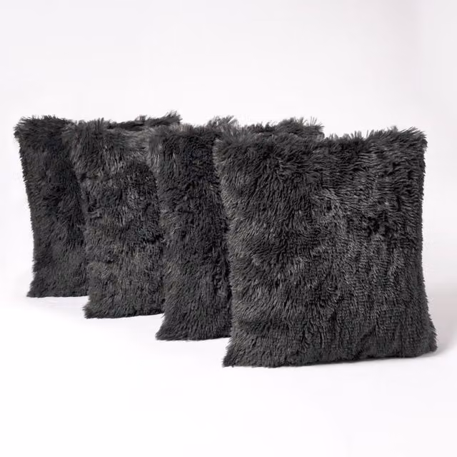 Sienna Pack of 4 Grey Plush Coral Fleece Square Cushion Covers, 45 x 45 cm