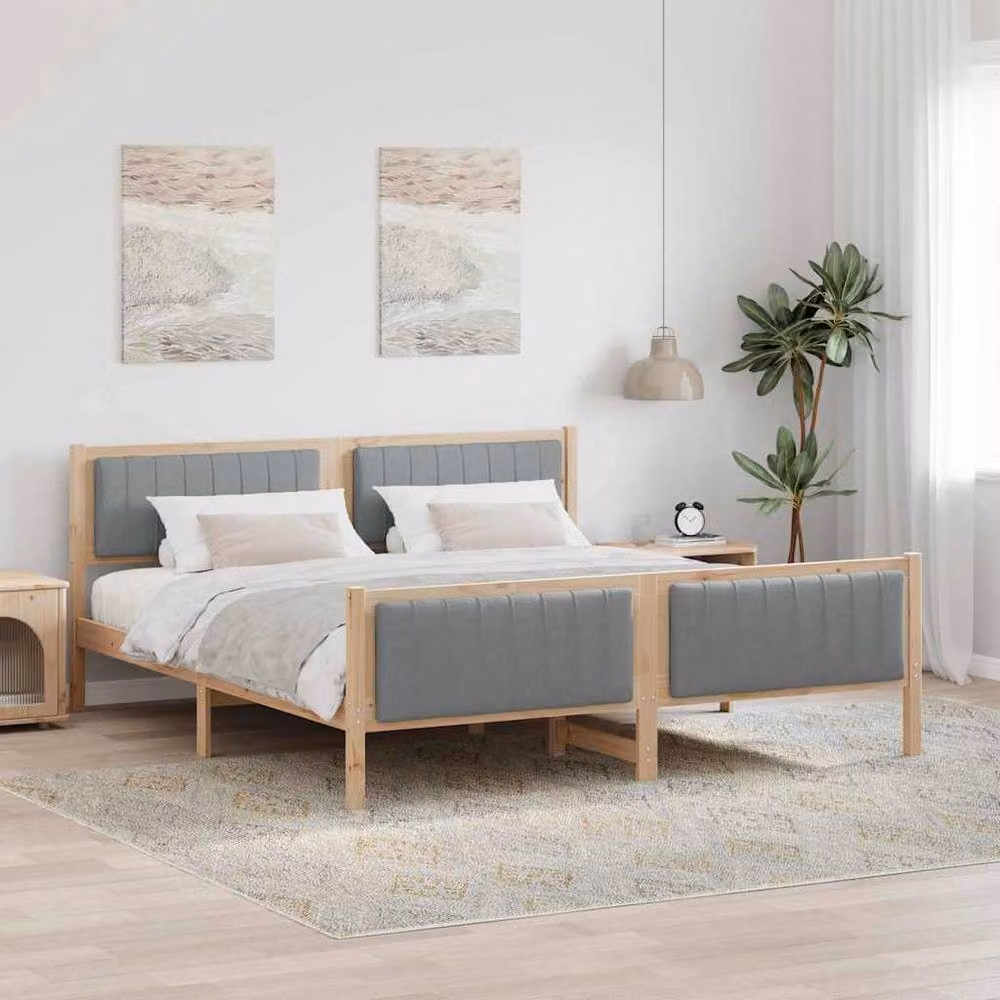 Berkfield Home Modern Upholstered Bed Frame in Brown and Light Grey, Solid Pine Wood, W/D/H: 180 x 200 cm – 2