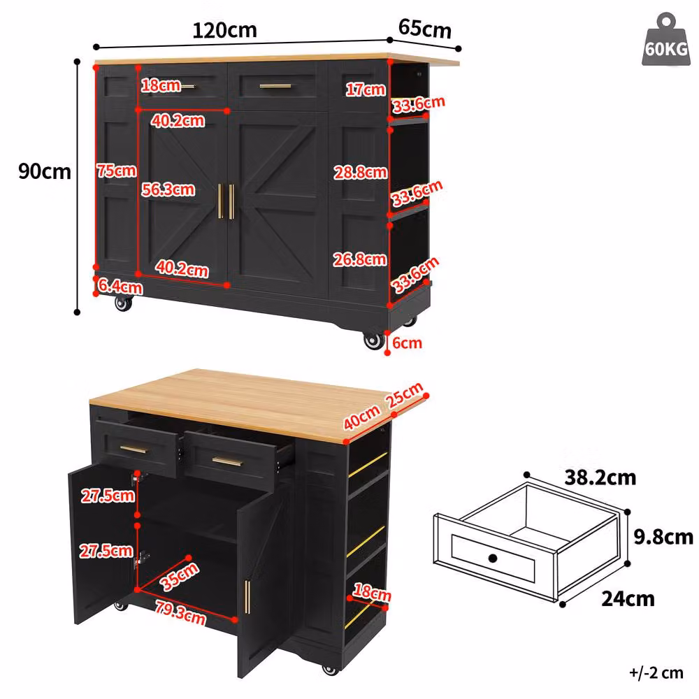 Matteo Black Kitchen Island Cart with Foldable Worktop and 2 Drawers – 3