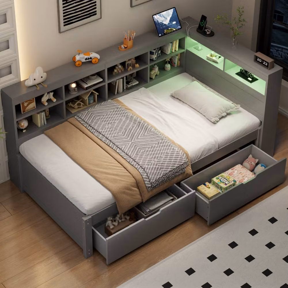 ModernLuxe Single Daybed in Grey with Storage Drawers, LED Lighting and USB Charging Port – 3