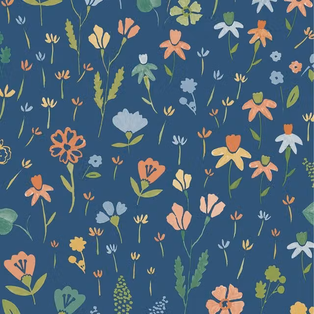 Grandeco Blue and Black Floral Botanical Textured Wallpaper