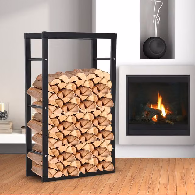 HOMCOM Modern Metal Firewood Log Holder Rack in Matt Black, Width: 60 cm