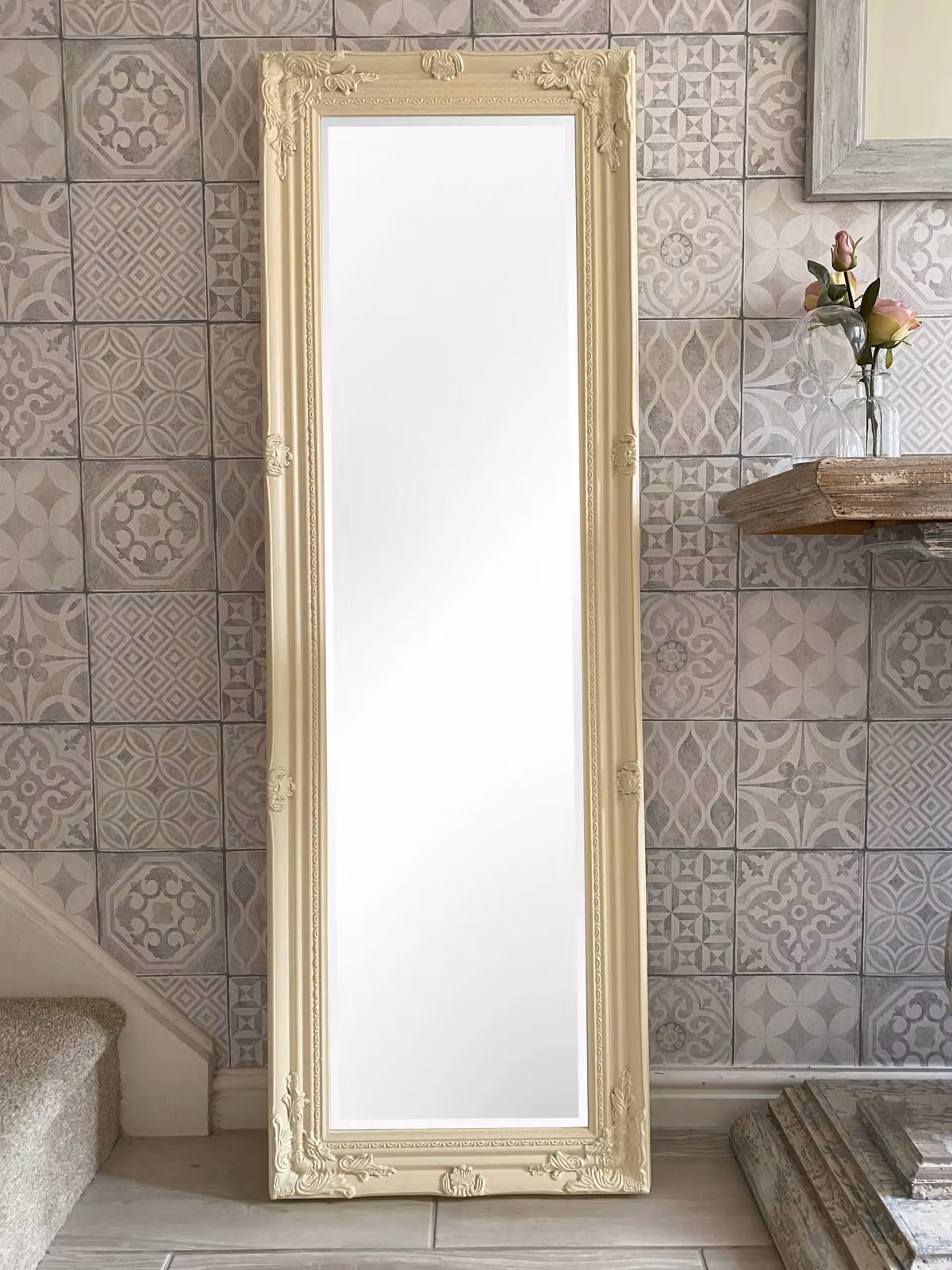 Downton Interiors Antique Style Beige Ornate Floral Wall Mirror, H 142 cm x W 47 cm – 2