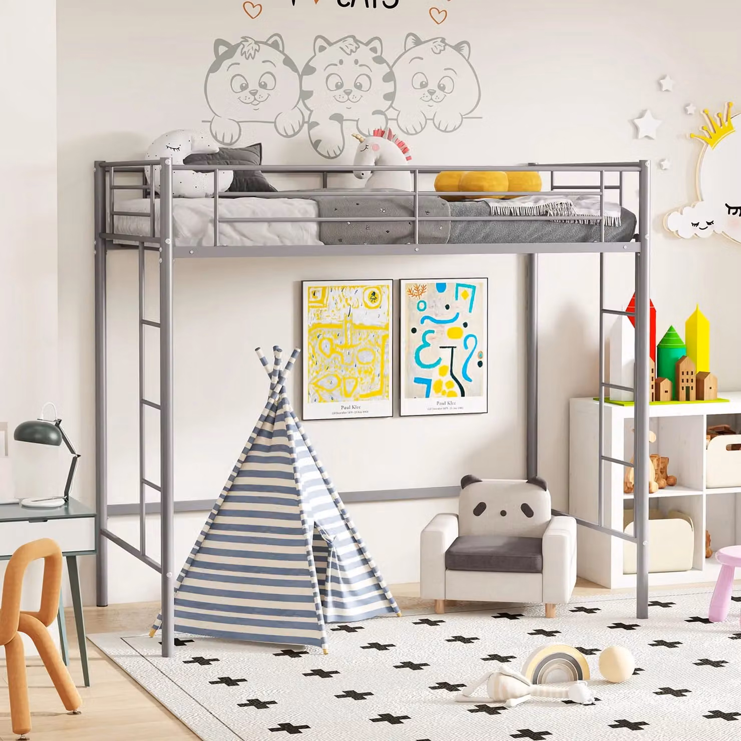 Costway Metal Loft Bed Frame in Silver for Childrens Bedrooms, 90 x 190 cm – 2