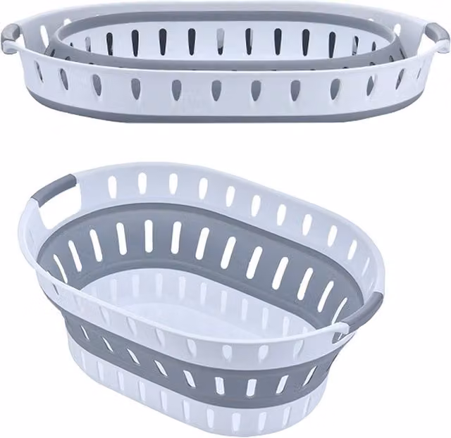 Neel Blue Collapsible Oval Plastic Laundry Basket with Handles, 36L, Grey and Blue