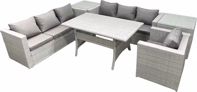 Fimous 6 Piece Outdoor Rattan Sofa Set with Cushions, Armchair, Dining Table and 2 Side Tables in Light Grey