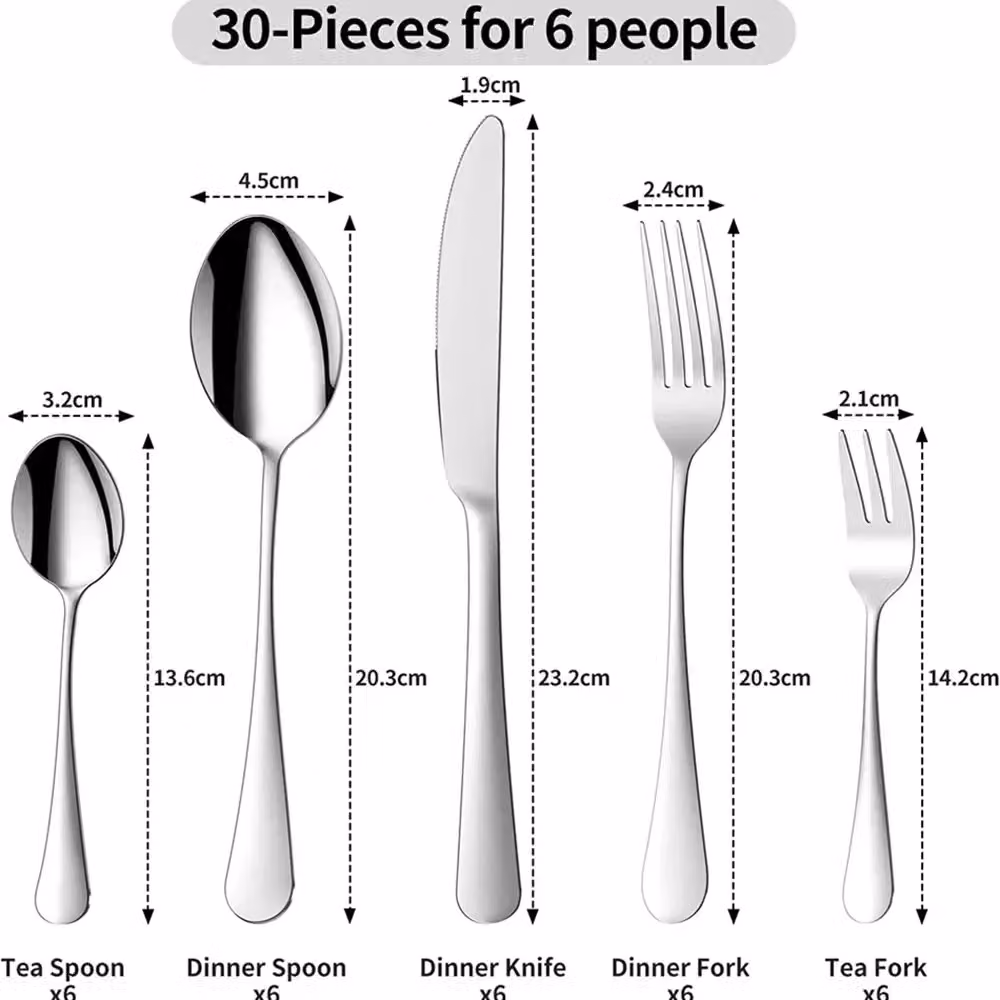 VOGREX 30-Piece Polished Stainless Steel Cutlery Set in Silver including Forks, Spoons and Teaspoons – 2