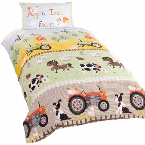 Rapport Home Single Duvet Cover and Pillowcase Set, Farm Animals and Tractors Multi-Colour Polycotton Bedding, W/D/H: 135 x 200 cm and 50 x 75 cm
