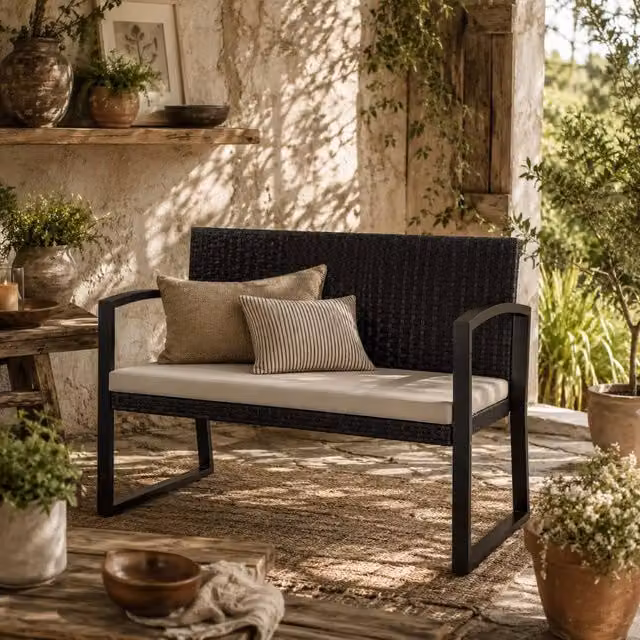 Wyld Haus Lalepa Black and Beige 2 Seater Woven Rattan and Metal Outdoor Bench