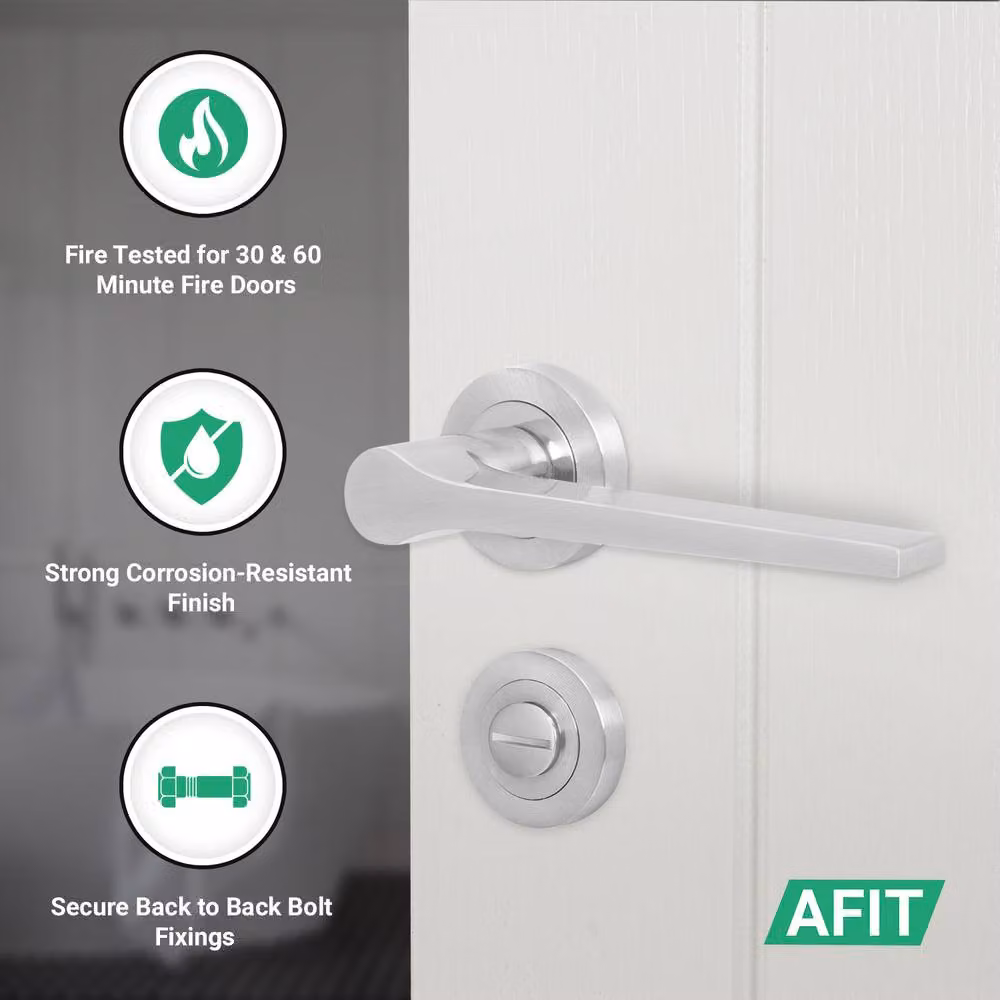 AFIT Satin Nickel Bathroom Fire Door Handle Set in Silver with Lock and Hinges – 2