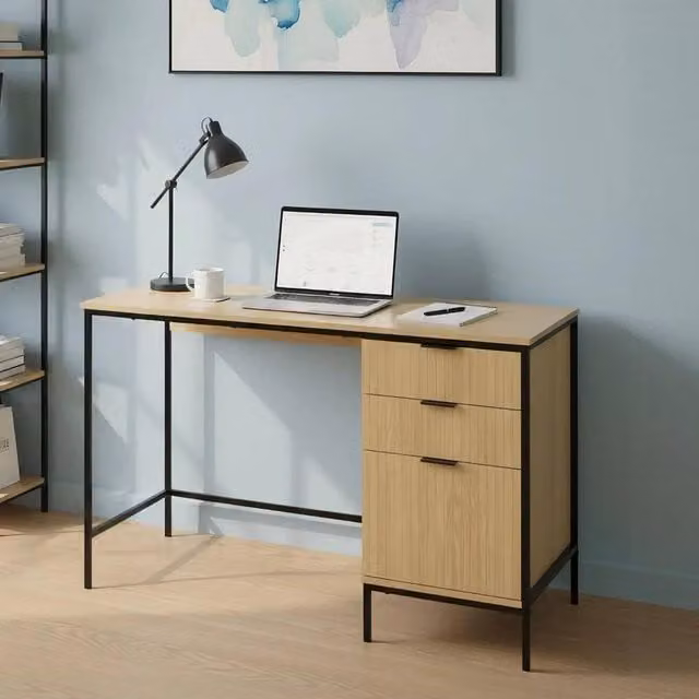 Home Source Wisbech 3 Drawer Computer Desk in Brown Oak with Black Steel Legs, W/D/H: 119 x 48 x 75 cm