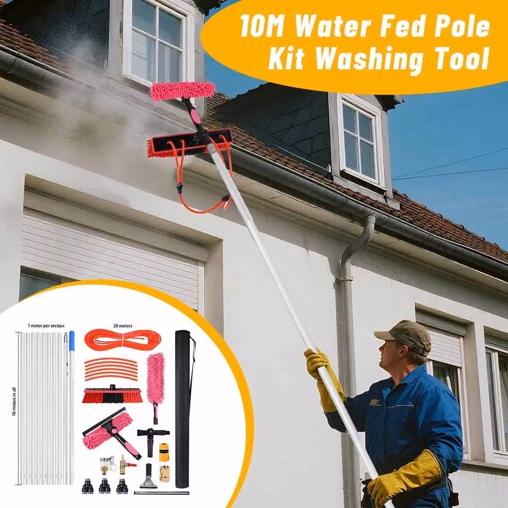 NESTLUNE Red Water Fed Pole Set for Solar Panel and Window Cleaning with Telescopic Aluminium Handle and Microfibre Brush – 5